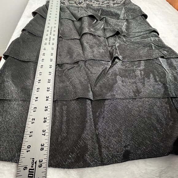 R&M Richards Womens Gray Silver Shimmer Cocktail Dress Size 14 Tiered Ruffle - Picture 8 of 8